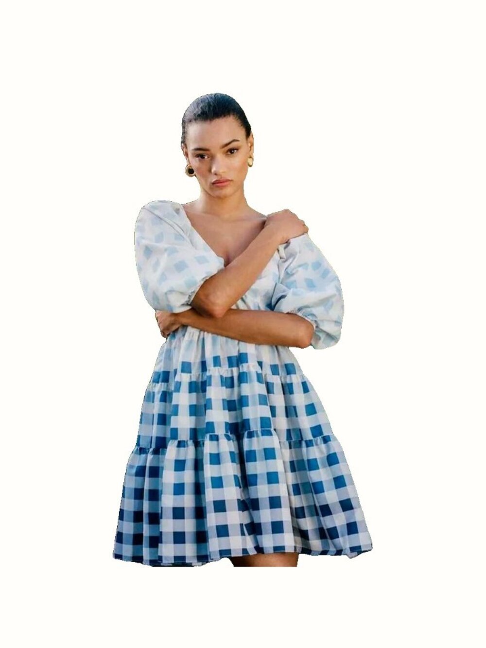 STAUD Blue White Gingham Mini Dress XS Like New Designer